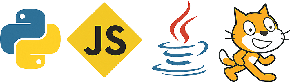 Símbolos dos logos de Python, JavaScript, Java e Scratch alinhados horizontalmente