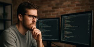 Programador pensando enquanto analisa código em dois monitores