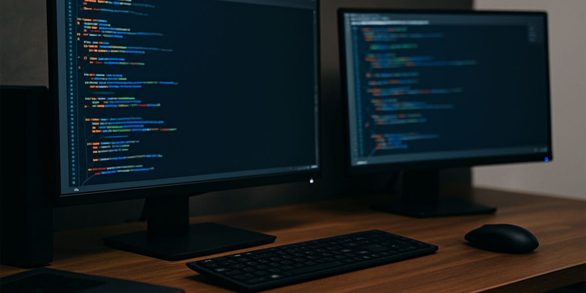 Mesa de trabalho com dois monitores