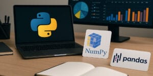 logos do Python, Pandas e NumPy numa mesa de madeira