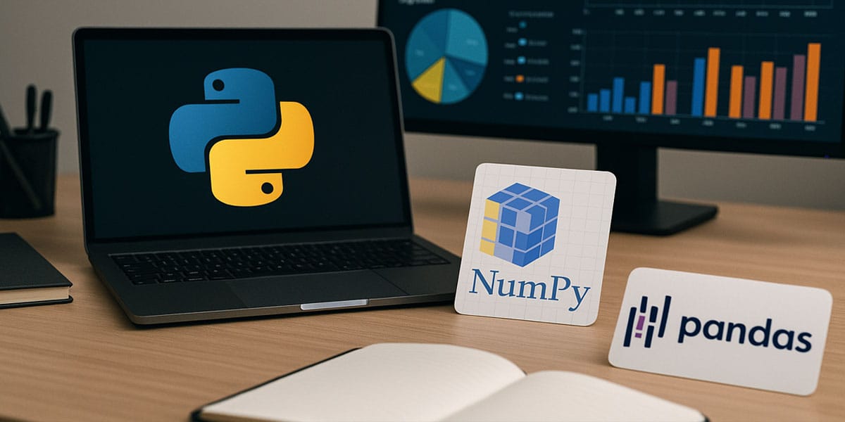 logos do Python, Pandas e NumPy numa mesa de madeira