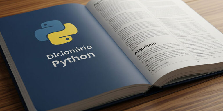 Dicionário com o logo do Python em uma página e o texto 'Dicionário Python'