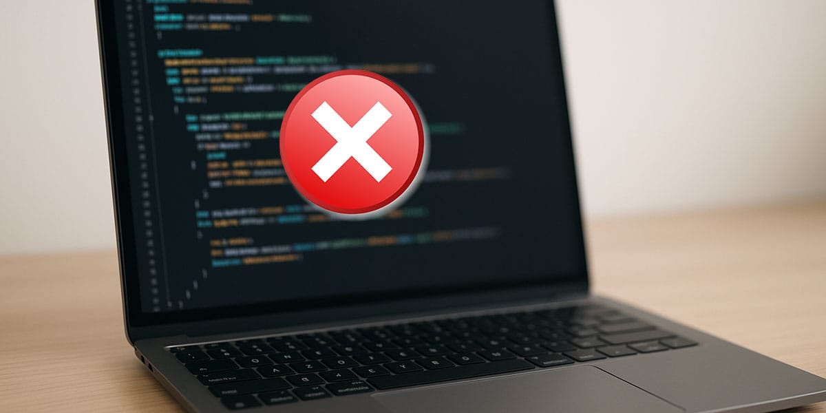foto de um notebook com a tela desfocada com código de programação e um simbolo de erro no meio da tela