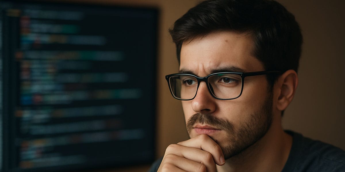 Pessoa pensando com um monitor desfocado ao fundo