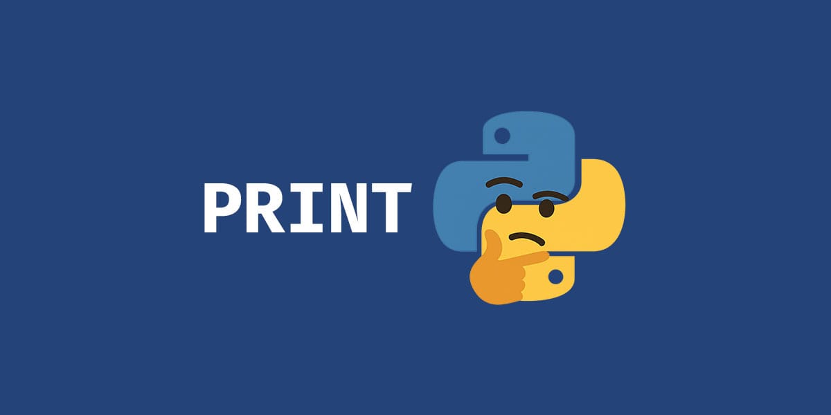 Logo do Python com emoji pensativo e a palavra PRINT sobre fundo azul
