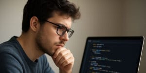 Homem pensando à frente de um notebook com código de programação