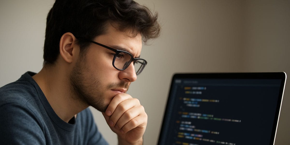 Homem pensando à frente de um notebook com código de programação