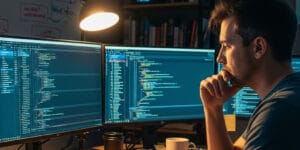 Programador pensnado em frente à vários monitores com código na tela