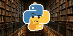 Logo do Python com expressão pensativa sobreposto a uma biblioteca com estantes cheias de livros, representando o conceito de bibliotecas em Python