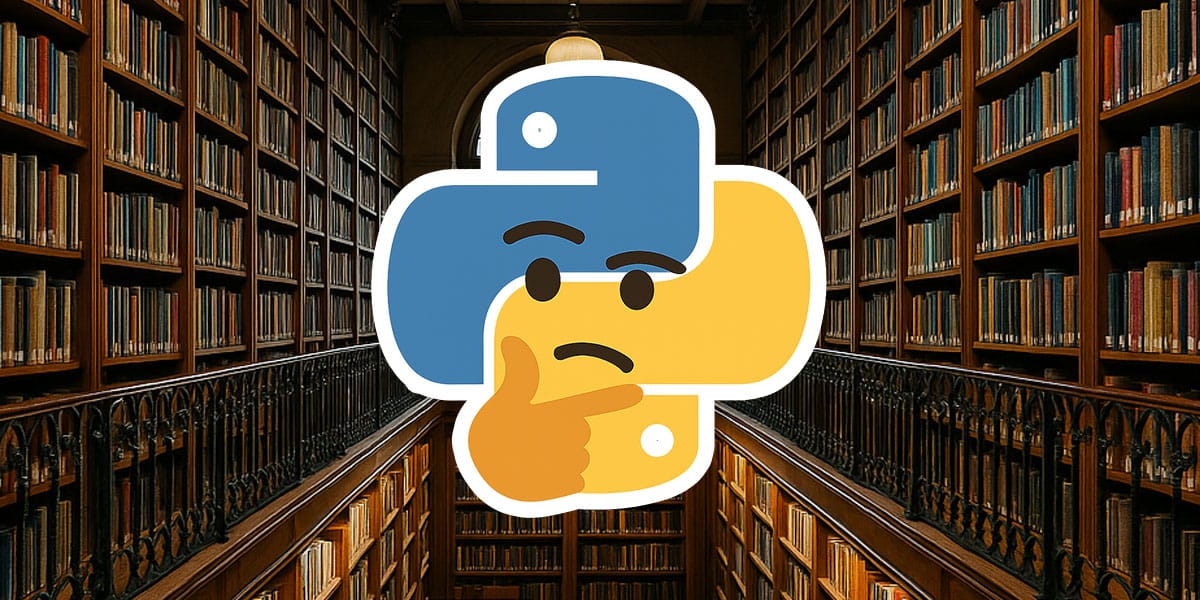 Logo do Python com expressão pensativa sobreposto a uma biblioteca com estantes cheias de livros, representando o conceito de bibliotecas em Python