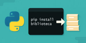 Ilustração com o logo do Python à esquerda, uma janela de terminal ao centro com o comando “pip install biblioteca” e três livros empilhados à direita