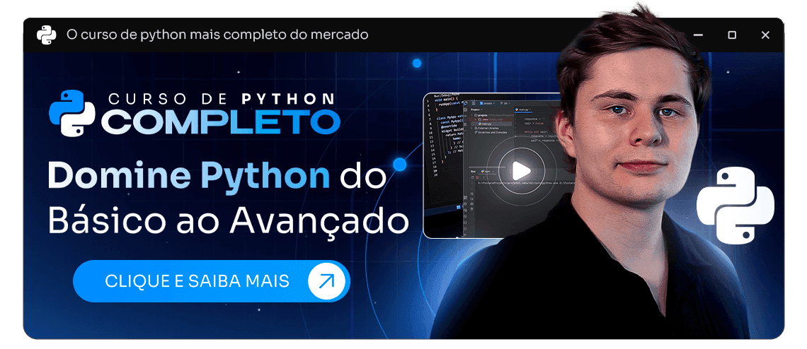 Banner do curso completo de Python da Academify com o texto 'Domine Python do básico ao avançado'.