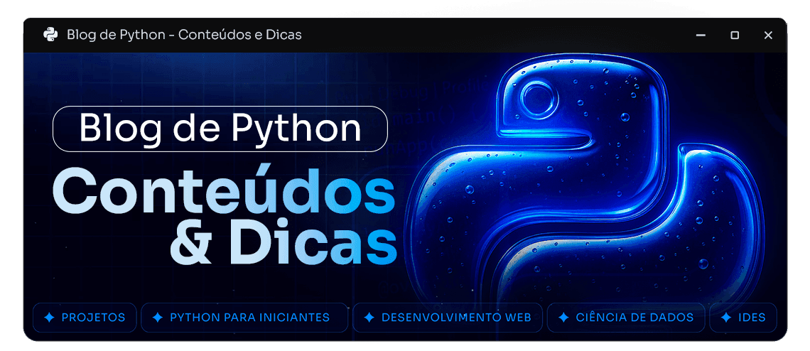 Banner do blog de Python da Academify com o texto 'Conteúdos e Dicas' e categorias como projetos e ciência de dados.