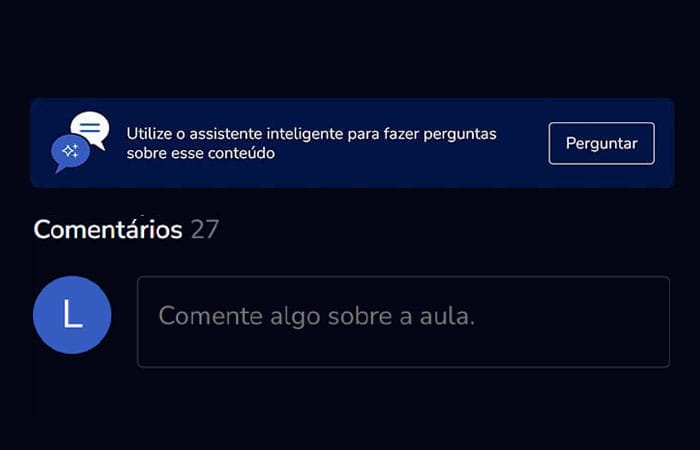 Comentários dentro do curso de Python, e opção de perguntar para a IA acima