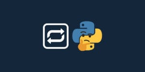 Símbolo de repetição ao lado do logotipo do Python pensativo, representando o conceito de loops na programação em Python.