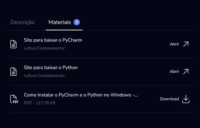 seção de materiais para download dentro da plataforma do curso