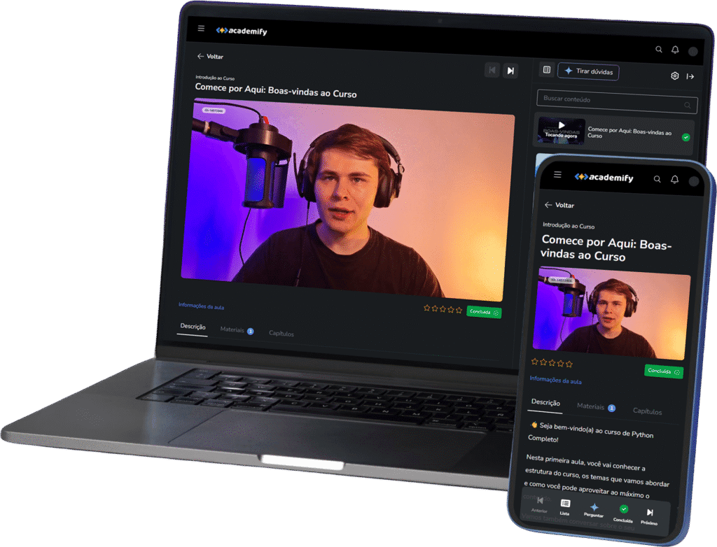 Mockup de um notebook mostrando área de membros do curso de Python