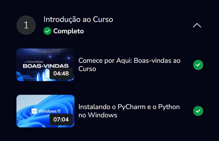 plataforma da Academify mostrando dentro do curso a lista de conteúdos
