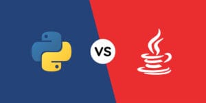 Comparação entre Python e Java com os logotipos das duas linguagens lado a lado e a palavra VS no centro