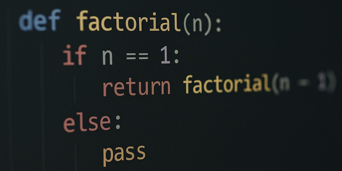 Código Python mostrando uma função recursiva de fatorial com condição if e chamada da função dentro dela