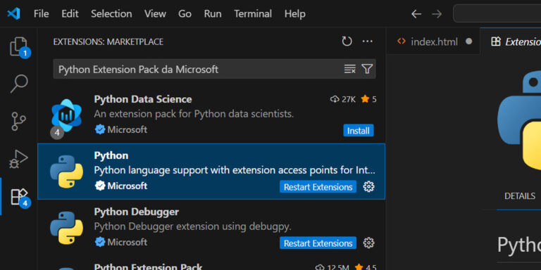 Tela do VS Code mostrando o marketplace de extensões com destaque para a extensão Python da Microsoft