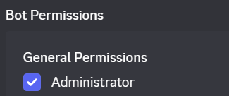 Configuração de permissões do bot no Discord com a permissão Administrator ativada