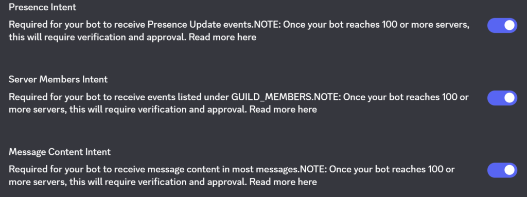 Configurações de intents do bot no Discord Developer Portal mostrando Presence, Server Members e Message Content