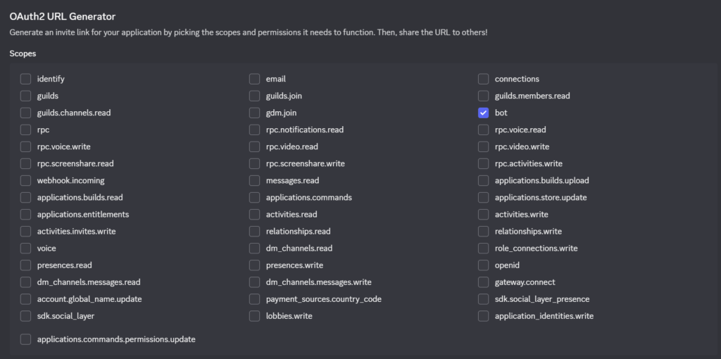 OAuth2 URL Generator do Discord Developer Portal com o escopo bot selecionado