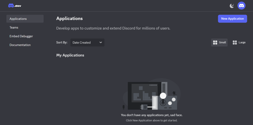 Página Applications do Discord Developer Portal mostrando a opção New Application para criar um app