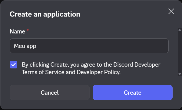 Tela de criação de aplicação no Discord Developer Portal com campo para nome do app