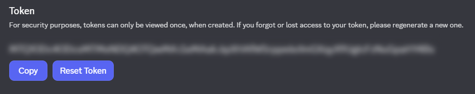 Tela de token do bot no Discord Developer Portal com opções para copiar e redefinir o token
