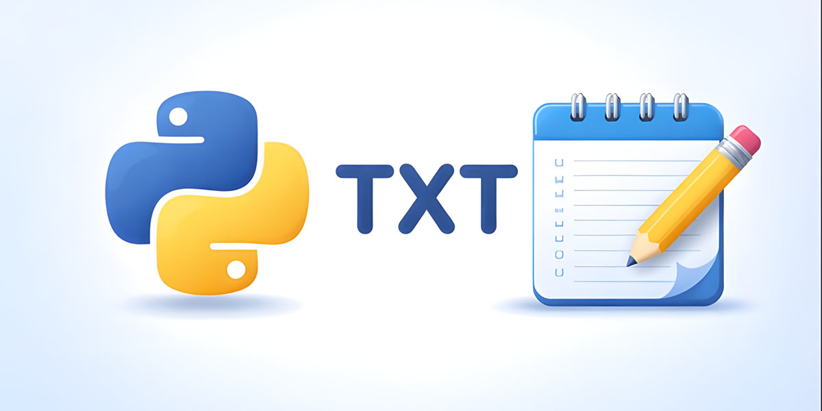 Logo do Python, texto TXT e ícone de bloco de notas representando arquivos de texto