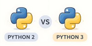 Comparação visual entre Python 2 e Python 3 com ícones minimalistas