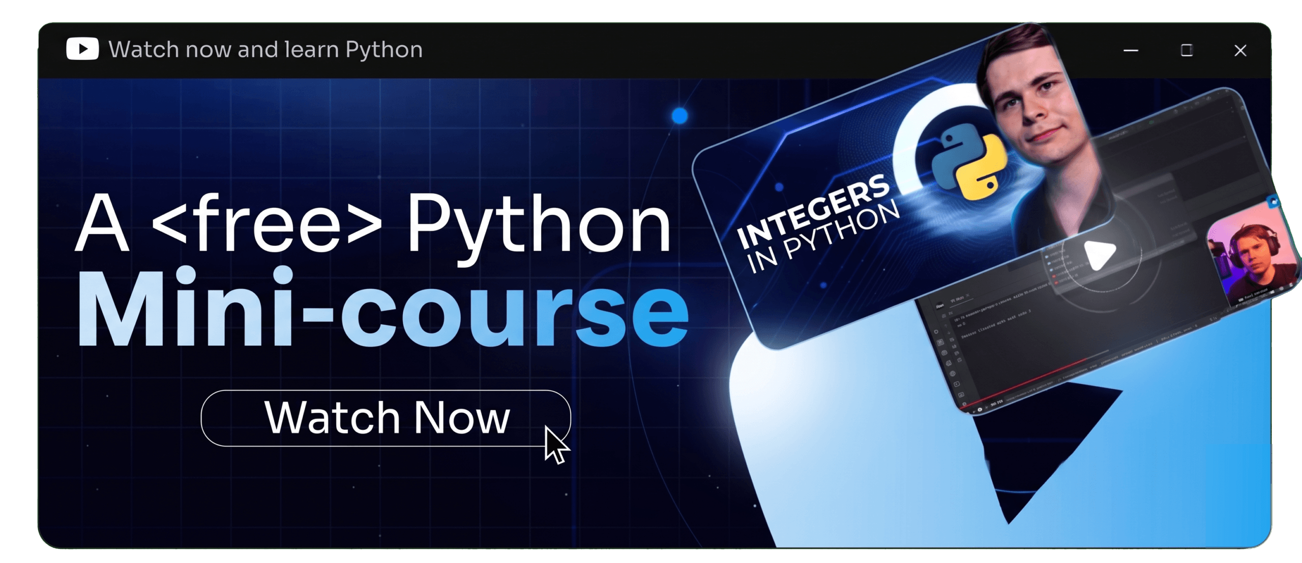 Academify free Python mini-course banner with the text 'Watch now and learn Python.'