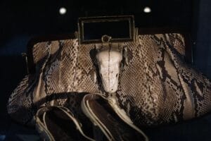 Exquisite python skin handbag with intricate snake emblem and elegant design.