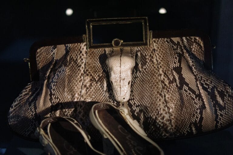 Exquisite python skin handbag with intricate snake emblem and elegant design.