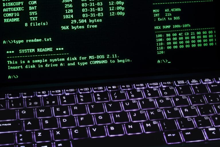 A classic MS-DOS terminal screen displayed on a laptop keyboard with vivid illumination.